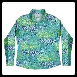 ICIKULS Sun Shirt Women Large Green Blue Watercolor Mesh 1/4 Zip UPF 50+
